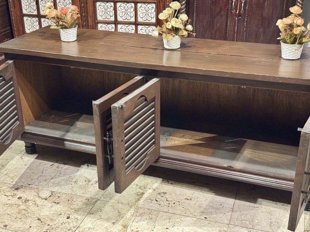 1950s Shuttered Door Louver Console Sideboard Cabinet (Category: Shelves, Cabinets & Racks) located in Manila. Submitted by sinaunang_gamit (Listing ID 1452051199, Image 3). Description: 1950s Shuttered Door Louver Console Sideboard Cabinet Length: 63 inches Height: 24 inches Width: 19 inches ₱9k.