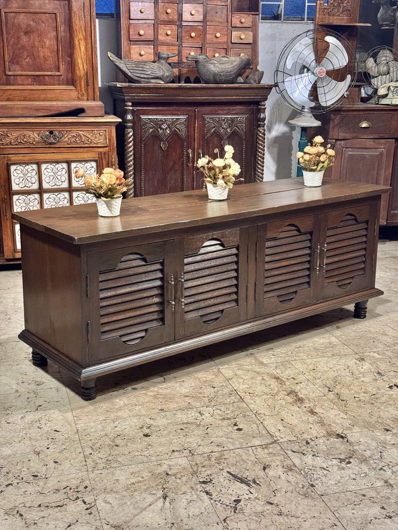 1950s Shuttered Door Louver Console Sideboard Cabinet (Category: Shelves, Cabinets & Racks) located in Manila. Submitted by sinaunang_gamit (Listing ID 1452051199, Image 2). Description: 1950s Shuttered Door Louver Console Sideboard Cabinet Length: 63 inches Height: 24 inches Width: 19 inches ₱9k.