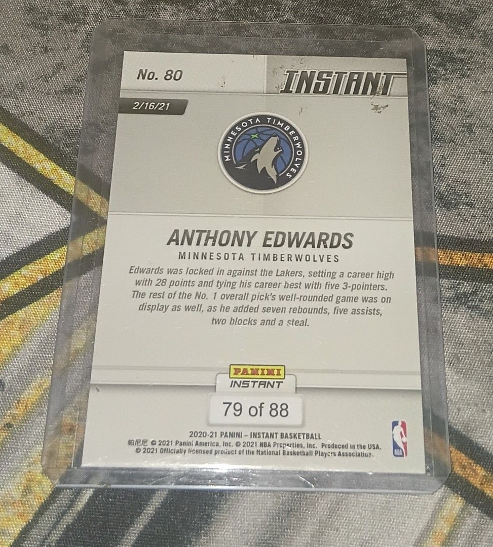 2020-21 Panini Instant Anthony Edwards RC #80 Timberwolves (Category: Raw Singles) located in Bacolod City. Submitted by duanealvin54669 (Listing ID 1451975185, Image 2). Description: - 2020-21 Panini Instant Basketball RC - Features Anthony Edwards (Minnesota Timberwolves) - Card Numbered to /88 copies only - Highlights Career High: 28 Points - Perfect addition for any collector!.