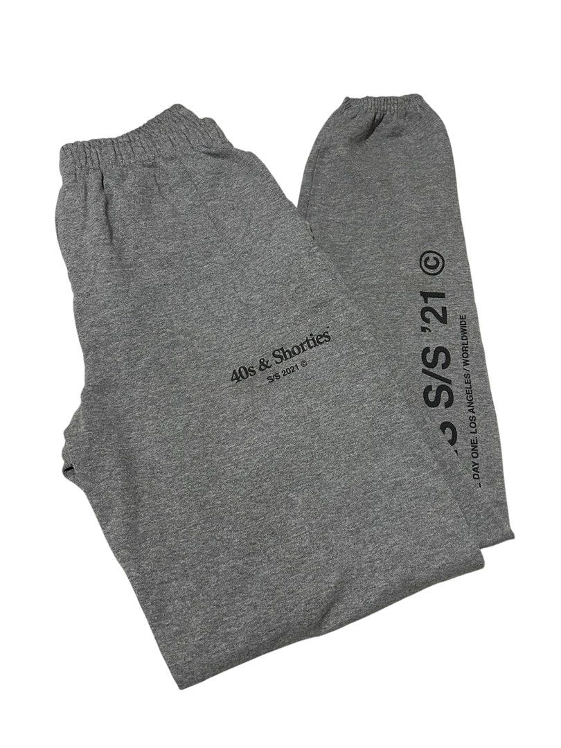 40s & Shorties Grey Sweatpants S/S '21 (Category: Joggers) located in Manila. Submitted by bodegabodega (Listing ID 1451942320, Image 1). Description: - Brand: 40s & Shorties - Collection: S/S '21 - Color: Grey - Design: Text on leg reads 'S/S '21' and 'DAY ONE LOS ANGELES/WORLDWIDE' - Features: Elastic waistband for a comfortable fit Medium 500.