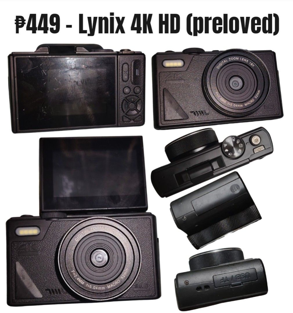 4K HD Flip Screen Digital Camera (Category: Cameras) located in Manila. Submitted by moongyucartz (Listing ID 1450568334, Image 1). Description: ₱𝟰𝟰𝟵 - 𝗟𝘆𝗻𝗶𝘅 𝟰𝗞 𝗛𝗗 𝗙𝗹𝗶𝗽𝘀𝗰𝗿𝗲𝗲𝗻 (𝗽𝗿𝗲𝗹𝗼𝘃𝗲𝗱) 𝘀𝗽𝗲𝗰𝘀: - 18x optical zoom, 64 mp, with wifi - zoom, flash, and buttons are all working - body condition: 7.5/10 (with dirts and signs of usage) 𝗶𝘀𝘀𝘂𝗲/𝘀: - It can still take photos but SD card doesn't detect sometimes on sta