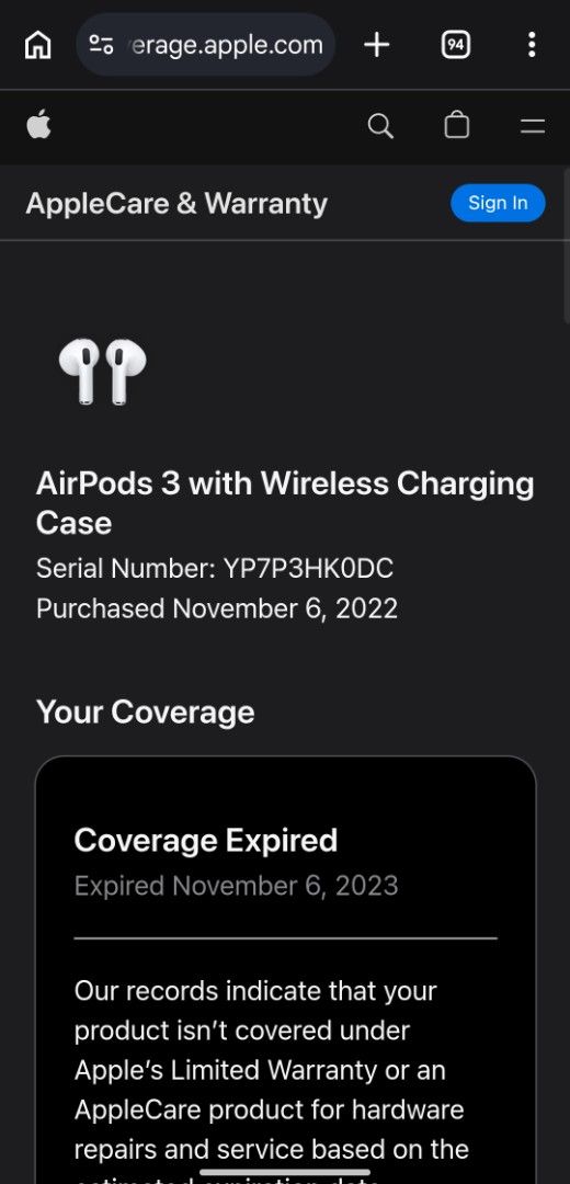 Apple AirPods 3 with Wireless Charging Case (Category: Earphones) located in Makati City. Submitted by krm262 (Listing ID 1451958120, Image 3). Description: - AirPods 3 (3rd Generation) - Wireless Charging Case - Purchased: November 6, 2022 - AppleCare+ Coverage Expired: November 6, 2023 - Includes: Clear protective case and lanyard - Condition: Selling as is.