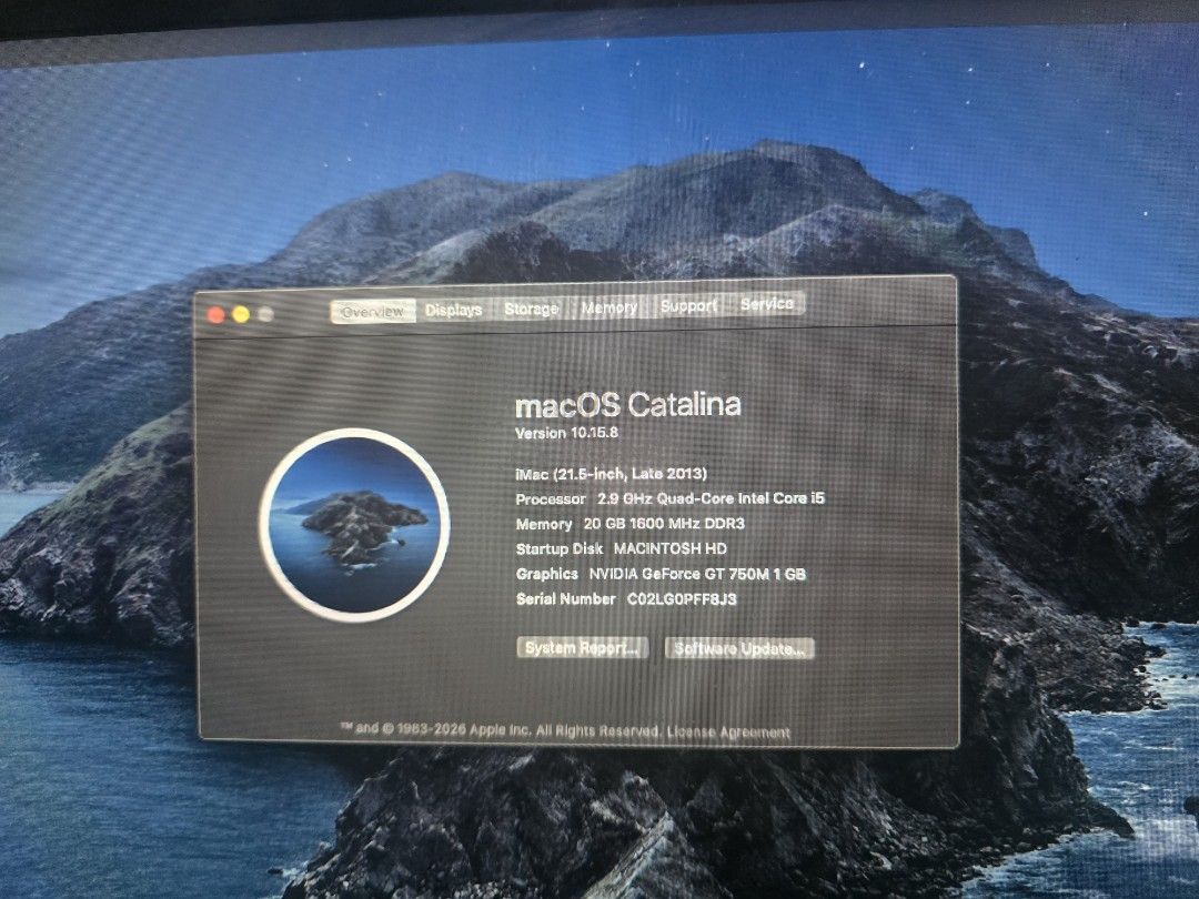 Upgraded Apple iMac 21.5-inch (Late 2013) (Category: Desktops) located in Quezon City. Submitted by czenn_dragon (Listing ID 1452068931, Image 1). Description: - iMac 21.5-inch, Late 2013 Model - macOS Catalina (10.15.6) - 8GB RAM - 1TB Startup Disk RFS: hindi na nagagamit - NVIDIA GeForce GT 750M (1GB VRAM) - Serial Number: C02L00FFPBJ3 - Ideal for everyday use.