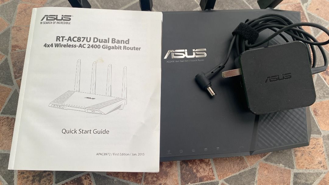 ASUS RT-AC87U Dual Band Wireless-AC 2400 Gigabit Router (Category: Networking) located in Las Pinas. Submitted by goethestrasse (Listing ID 1452007607, Image 3). Description: - ASUS RT-AC87U Dual-Band Wireless-AC 2400 Gigabit Router - 4x4 antenna configuration, 2.4Ghz and 5GHz dual band - Includes Quick Start Guide and Power Adapter - All antennas intact - Tested and confirmed working - Startup information will be provided.