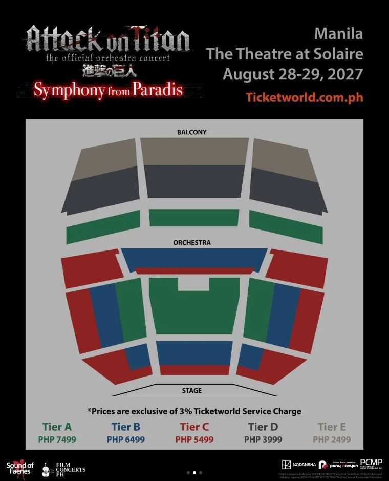 Attack on Titan Symphony from Paradis Manila Ticket (Category: Events Tickets) located in Marikina City. Submitted by karacojp (Listing ID 1452084632, Image 2). Description: - Experience the epic Attack on Titan: The Official Orchestra Concert - Symphony from Paradis! - Dates: August 28 - 7PM - Venue: The Theatre at Solaire, Manila - TIER E MIDDLE .