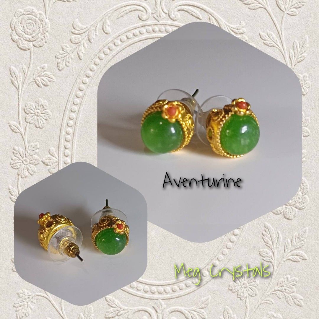 Aventurine & Fire Quartz Stud Earrings Gold Tone (Category: Earrings) located in Taguig. Submitted by truecat_4680cc (Listing ID 1451966932, Image 1). Description: - Set of 2 cute stud earrings - Pair 1: Green Aventurine stones with gold tone settings and red accents - Pair 2: Orange Fire Quartz stones in gold tone settings - Both feature post backs - Perfect for adding a pop of color to any outfit - Selling as a set.