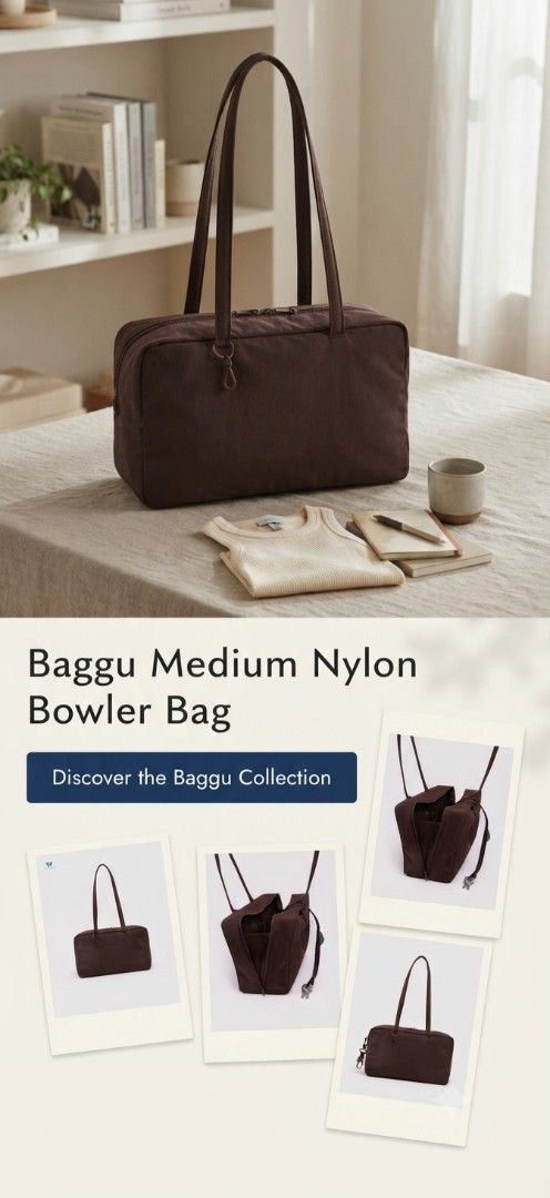 Baggu Medium Nylon Bowler Bag - Brown (Category: Shoulder Bags) located in Makati City. Submitted by jericho08 (Listing ID 1451929703, Image 1). Description: - Brown Baggu Medium Nylon Bowler Bag - Ideal for everyday use, work, and travel - Classic bowler silhouette - Comfortable shoulder straps - Durable and easy-to-clean nylon material - Ample interior space for essentials.