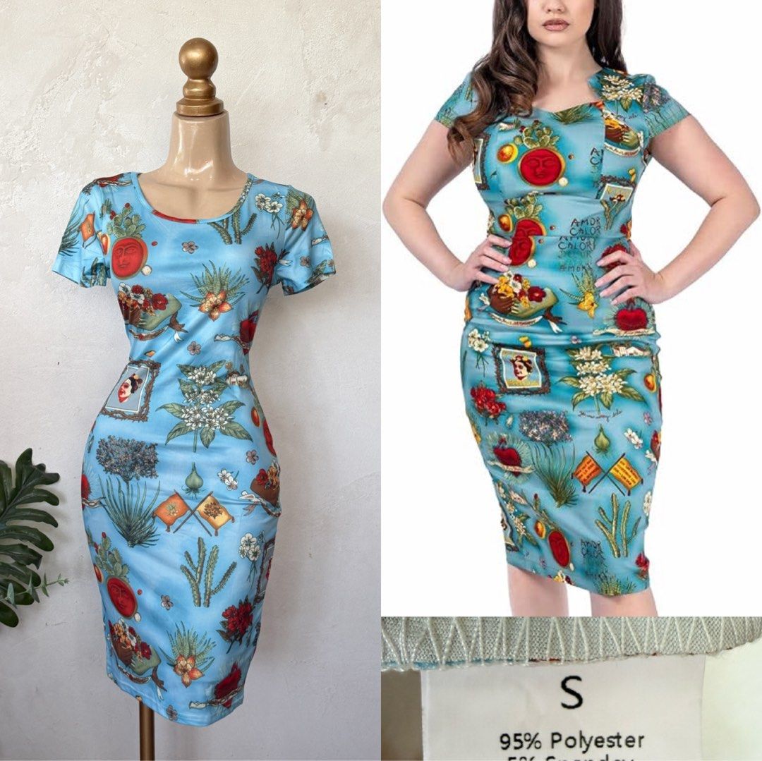 Blue Graphic Print Bodycon Dress (Category: Dresses) located in Santa Rosa. Submitted by martess (Listing ID 1451978127, Image 1). Description: - Eye-catching blue dress with a unique graphic print. - Features desert plants, sun faces, and floral motifs. - Short sleeves and a flattering fitted silhouette. - Comfortable stretch fabric made from polyester and spandex. - Ideal for making a bold fashion statement..