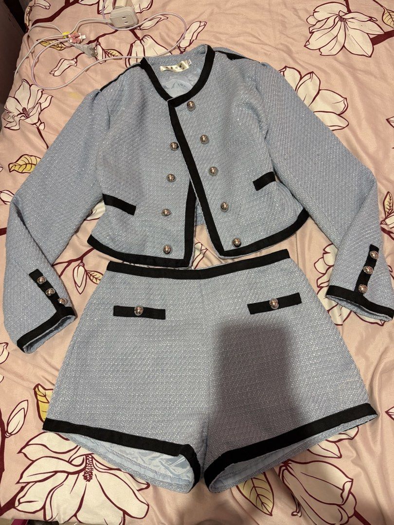 Blue Tweed Blazer and Shorts Coordinates Coords (Category: Sets or Coordinates) located in Malolos. Submitted by kgjp1996 (Listing ID 1451924443, Image 1). Description: L on tag but can fit till M only Till 28” waistline .