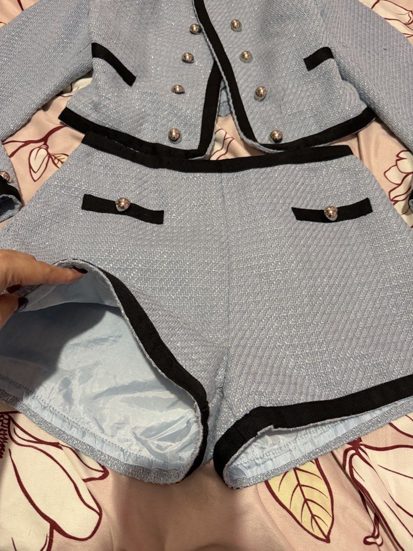 Blue Tweed Blazer and Shorts Coordinates Coords (Category: Sets or Coordinates) located in Malolos. Submitted by kgjp1996 (Listing ID 1451924443, Image 2). Description: L on tag but can fit till M only Till 28” waistline .