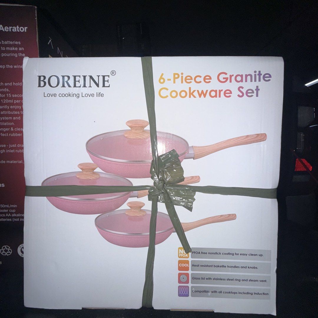 BOREINE 6-Piece Granite Cookware Set - Pink (Category: Cookware & Accessories) located in Makati City. Submitted by r2r82 (Listing ID 1452036933, Image 1). Description: - BOREINE 6-Piece Granite Cookware Set - Chic Pink Color - Includes Pots and Pans with Glass Lids - PFOA-Free Nonstick Coating for Easy Cleanup - Heat-Resistant Bakelite Handles - Compatible with All Cooktops (including Induction) - Ideal for Everyday Cooking.