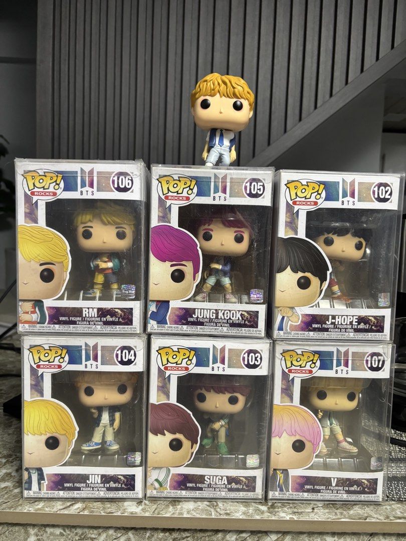 BTS Funko set (Category: Designer & Blind Box Toys) located in Quezon City. Submitted by gmintcollectibles (Listing ID 1451937830, Image 1). Description: 6 with box 1 figure only Jung kook V Jimin J Hope RM Suga Jin Take all for 4.5k What you see is what you get.