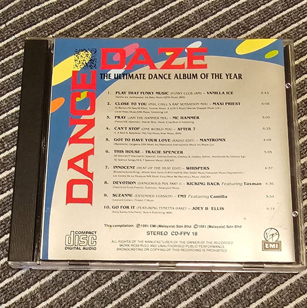 1 For 1 🇸🇬 [CD 90s Dance Compilation] Danze Daze | The Ultimate Dance Album Of The Year (1991) (Category: CDs & DVDs) located in Singapore. Submitted by strangecell (Listing ID 1452011140, Image 3). Description: Many more DJ/EDM/Dance Electronic: https://carousell.com/p/1035784902 Easy Listening/Lounge/Jazz/Funk/Soul/Chill-out: https://carousell.com/p/1028943398 Various Genres: https://www.carousell.sg/p/1253907759 *****************************