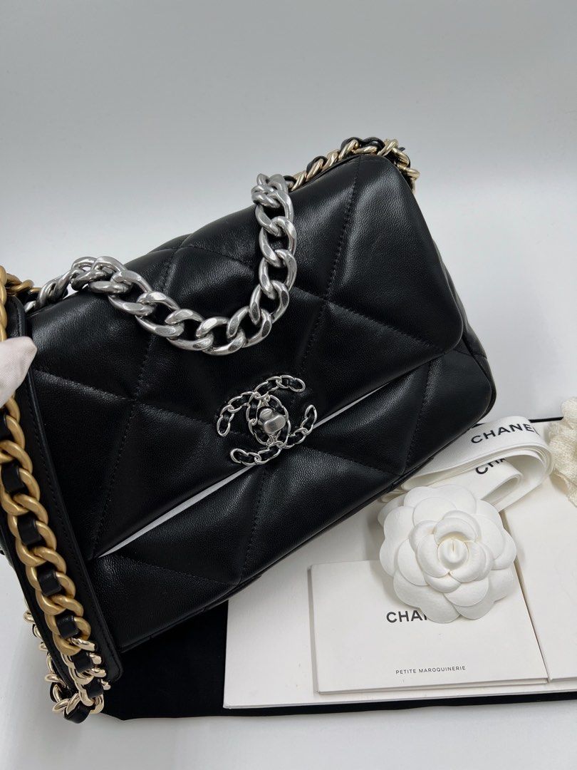 ⚜️Chanel 19 - Black small bag (Category: Luxury Bags & Wallets) located in Makati City. Submitted by 90sangel (Listing ID 1452104875, Image 3). Description: Chanel-ing Perfection: Rare 19C Small Black Beauty 🤎🩶🖤 •Size: Small •Condition: Mint & gently loved luxury *Includes store dustbag, booklets and big paperbag. Box available upon request for an additional fee..