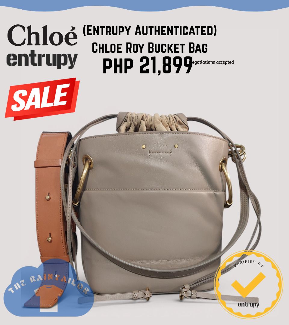 Chloe Roy Bucket Bag (Entrupy Authenticated) (Category: Luxury Bags & Wallets) located in Baguio. Submitted by theraintailor (Listing ID 1449082237, Image 1). Description: Chloe/Chloé Roy Luxury Bucket Bag Verified Authentic by Doctor Leather and Entrupy Exterior Material: Leather Interior Material: Fabric Hardware Color: Aged Gold Imperfections: Signs of usage/ Creases Ink Marks inside Bag Overall Good Condition Verified Authentic Luxury Bag by 