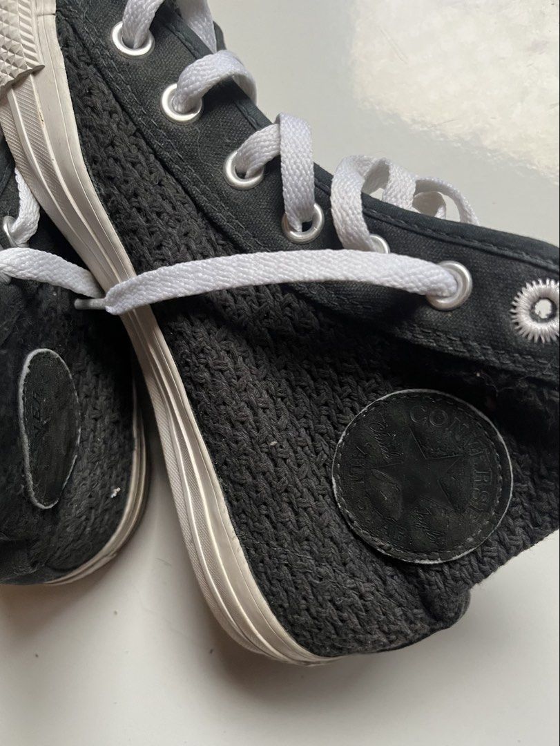 Converse All Star High Top Textured Sneakers Black (Category: Sneakers) located in Cavite. Submitted by radjjj (Listing ID 1452015875, Image 3). Description: Size: 40 - classic black Converse high-top sneakers - with issue (see last slide): may ngatngat ng aso sa right shoe pero di kita pag suot na - knitted textured fabric with white laces - Iconic Chuck Taylor All Star patch on the side.