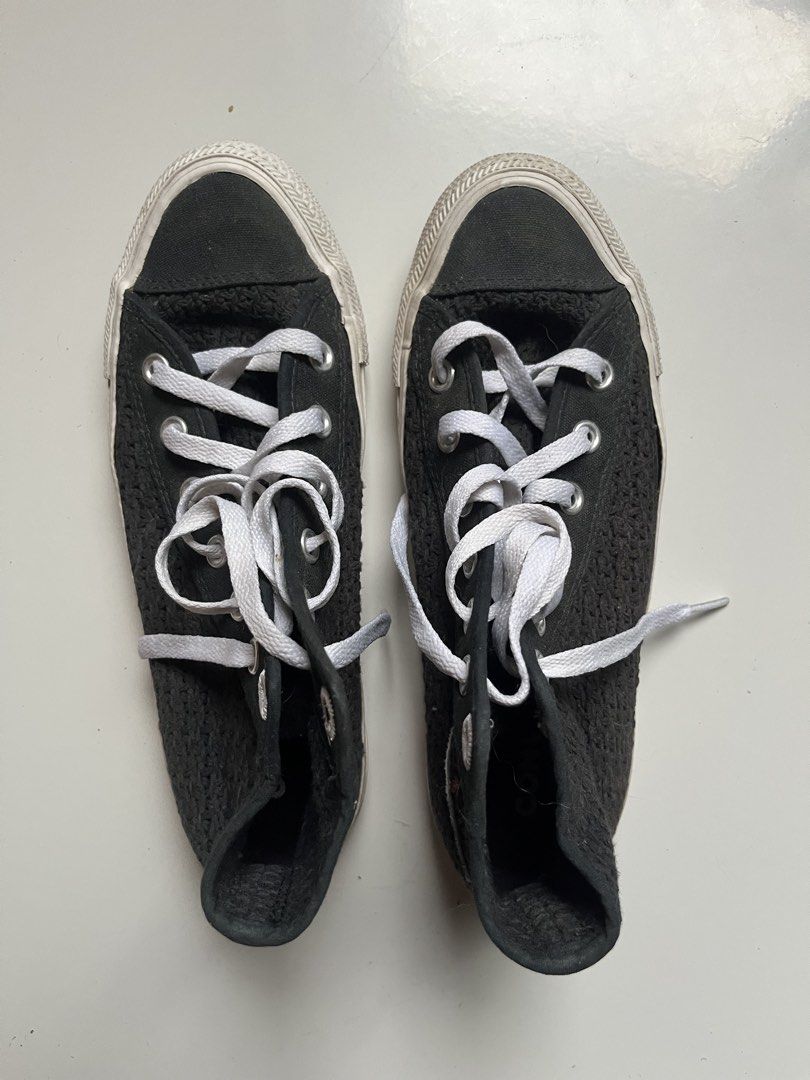 Converse All Star High Top Textured Sneakers Black (Category: Sneakers) located in Cavite. Submitted by radjjj (Listing ID 1452015875, Image 2). Description: Size: 40 - classic black Converse high-top sneakers - with issue (see last slide): may ngatngat ng aso sa right shoe pero di kita pag suot na - knitted textured fabric with white laces - Iconic Chuck Taylor All Star patch on the side.