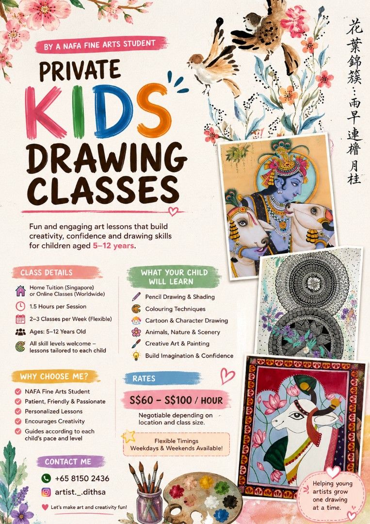 Drawing class (Category: Art & Prints) located in Singapore. Submitted by dithsaartist (Listing ID 1451940912, Image 1). Description: Every child is unique, and so is every lesson! I adapt my teaching to each student's skill level and interests, making learning fun, engaging, and stress-free. My goal is to help children build confidence, creativity, and strong artistic foundations while enjoying the process of creating art. 🎨💖.