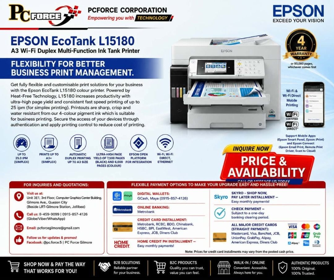 Epson EcoTank L15180 A3 Wi-Fi Duplex Multi-Function Ink Tank Printer (Category: Printers, Scanners & Copiers) located in Quezon City. Submitted by ramilsantos18 (Listing ID 1451913626, Image 1). Description: - Epson EcoTank L15180: A3 Wi-Fi Duplex Multi-Function Ink Tank Printer - Ideal for Business Print Management - Ultra-High Page Yield & Fast Printing (up to 25 ipm) - Sharp, Crisp, and Water-Resistant Printouts - Connectivity: Wi-Fi, Wi-Fi Di