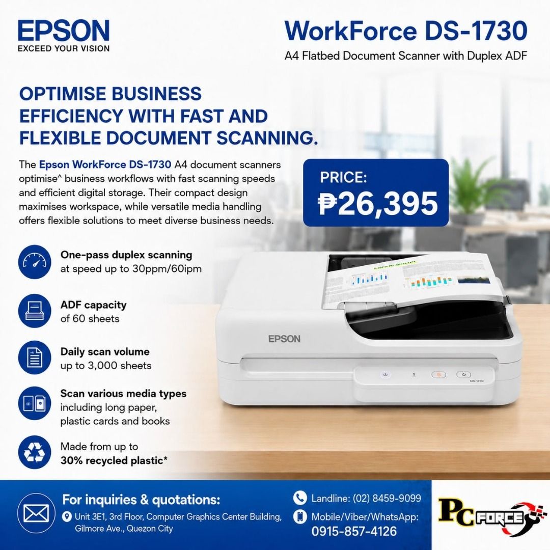 Epson WorkForce DS-1730 A4 Flatbed Document Scanner with Duplex ADF (Category: Printers, Scanners & Copiers) located in Quezon City. Submitted by ramilsantos18 (Listing ID 1451913948, Image 1). Description: - Epson WorkForce DS-1730 A4 Document Scanner - Fast and efficient digital storage solution - One-pass duplex scanning at up to 30ppm/60ipm - 60-sheet Automatic Document Feeder (ADF) - High daily scan volume: up to 3,000 sheets - Versatile med