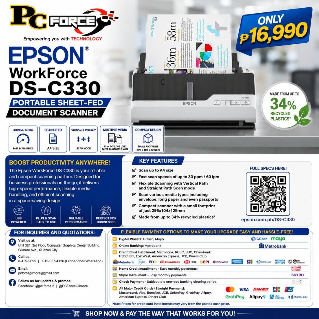 Epson WorkForce DS-C330 Portable Sheet-Fed Document Scanner (Category: Printers, Scanners & Copiers) located in Quezon City. Submitted by ramilsantos18 (Listing ID 1451912255, Image 1). Description: - Reliable and compact Epson WorkForce DS-C330 portable document scanner. - Ideal for business professionals on the go. - High-speed performance: Scans up to A4 size at 30 ppm/60 ipm. - Flexible media handling: Supports envelopes, passports, and more.