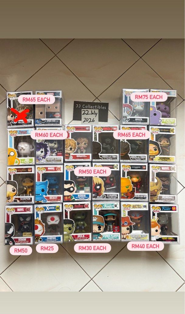 Funko Pop Sales (Category: Toys & Games) located in Kuala Lumpur. Submitted by jjcollectible (Listing ID 1451136569, Image 1). Description: - Free protector (standard pop only) - F2F meet up: TRX, Seri Kembangan - Delivery: [Buy thru carousell]: Based on postal code [Direct Transfer]: RM10(WM), Cash on Delivery (EM).