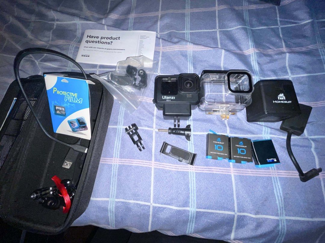 Go Pro Hero 10 Black (Category: Cameras) located in Taguig. Submitted by kymagsalin (Listing ID 1452068682, Image 2). Description: For sale: • GoPro Hero 10 Black Edition • Inclusions are shown in the picture, including bag, 4 batteries • mic adapter and mic ready for vlogging Issue: • The screen has a small crack, as seen in the picture. However, it does not affect the camera's performance, which remains smooth. • A screen protector is already a