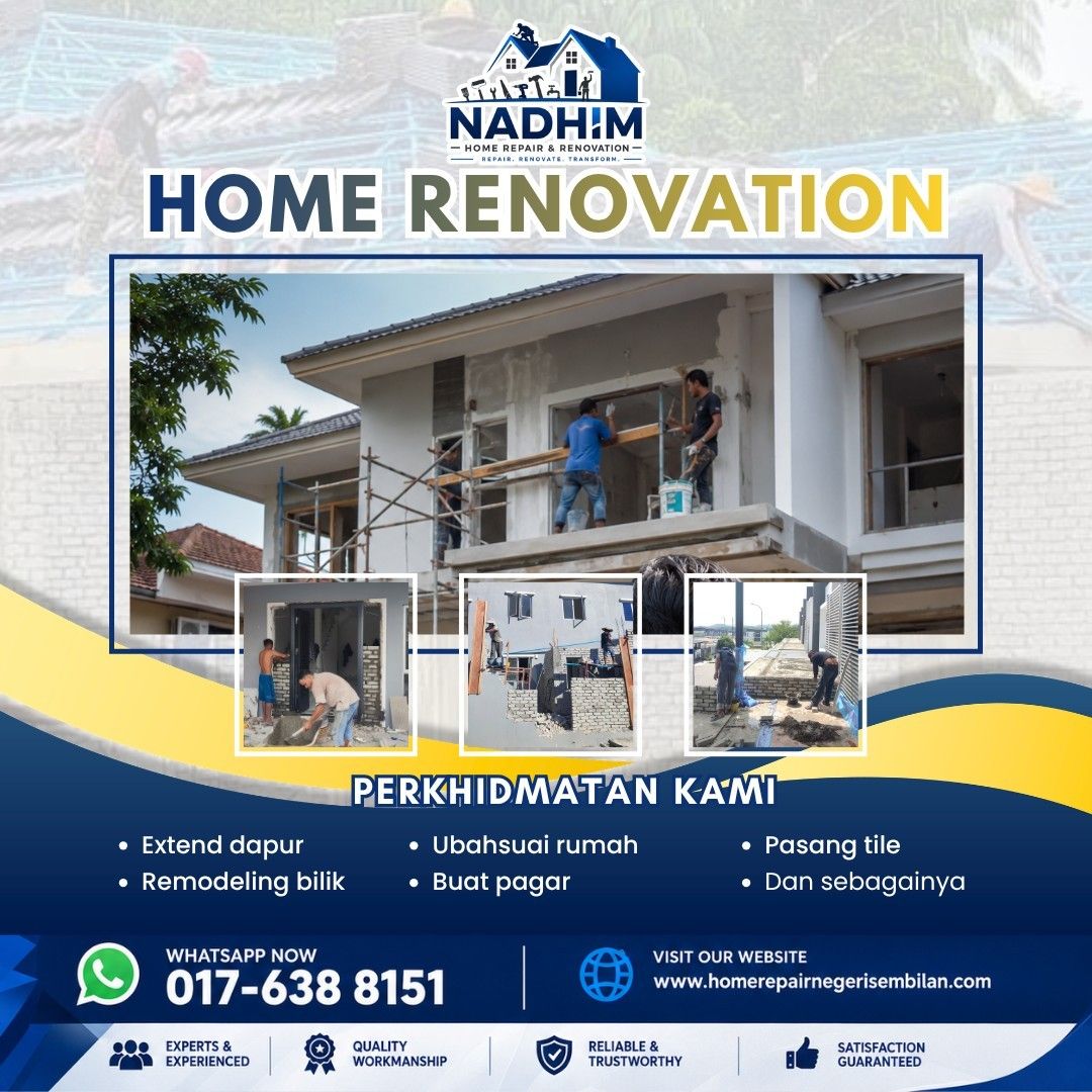 Home repair & renovation negeri sembilan (pakar baiki rumah dan ubahsuai rumah) Repair bumbung, extend dapur, pasang tiles, waterproofing dan sebagainya (Category: Others) located in Seremban. Submitted by nadhimaizulrahman (Listing ID 1452040730, Image 2). Description: HOME REPAIR & RENOVATION NEGERI SEMBILAN 🇲🇾 Assalamualaikum tuan/puan salam sejahtera untuk kita semua salam 1 Negeri Sembilan 🛠Tukang rumah, Tukang paip & Tukang bumbung 🛠 PE