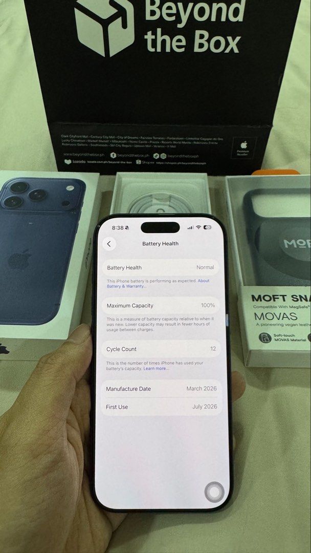 iPhone 17 Pro Deep Blue 256GB (Category: iPhone 17 Series) located in Quezon City. Submitted by gnvc00 (Listing ID 1452052625, Image 3). Description: Iphone 17 pro - Deep blue - 256gb - 3 weeks old - 12 cycle count - All complete accessories not used - With moft movas case worth 3k - Flawless all protected since day 1 - Bought from Beyond the Box RFS: buying gaming pc.