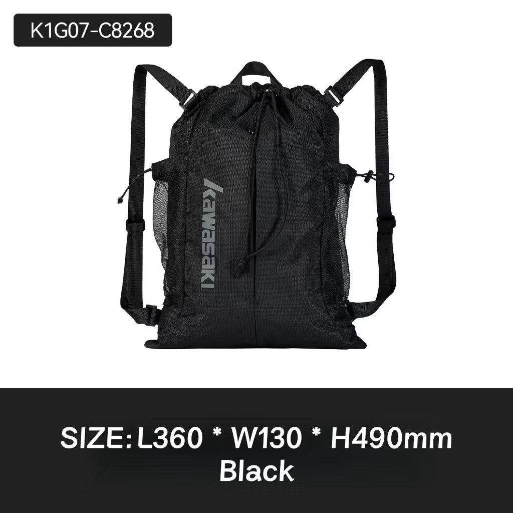 Kawasaki Badminton Backpack Drawstring Bag Black (Category: Backpacks) located in Mandaluyong City. Submitted by kcpreloved1204 (Listing ID 1451908442, Image 3). Description: - Black Kawasaki drawstring backpack - Features side mesh pockets for water bottles - Secure drawstring closure at the top - Adjustable straps for a comfortable fit - Ideal for sports activities or everyday errands - Dimensions: L360 x W130 x H490mm.