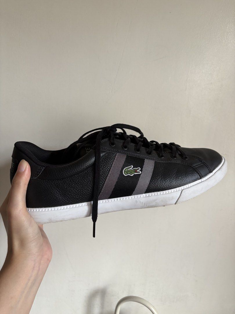 Lacoste Black Leather Sneakers with Grey Stripes (Category: Sneakers) located in Manila. Submitted by secondsbyem (Listing ID 1451978621, Image 2). Description: UK 9.5 EUR 44 USA 10.5 Made in Thailand. Still in good condition! .