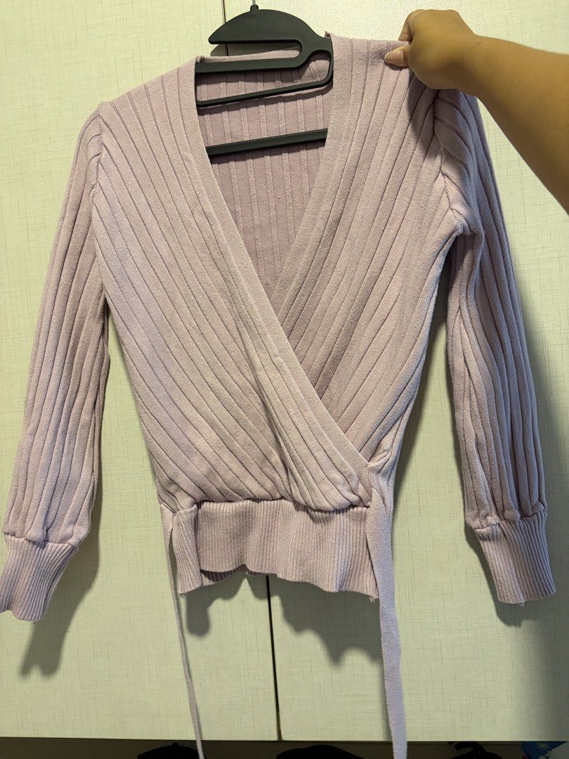 Light Purple Ribbed Wrap Cardigan with Tie (Category: Coats, Jackets and Outerwear) located in Quezon City. Submitted by sparklingberry (Listing ID 1451980444, Image 1). Description: - Light purple ribbed wrap cardigan - Long sleeves with elasticated cuffs - Tie detail to cinch the waist - V-neckline - Soft knit material - Versatile for layering or wearing alone.