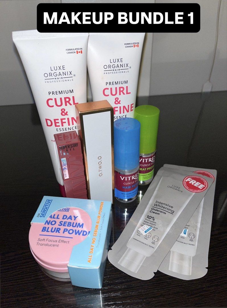 Makeup Bundle (Category: Makeup) located in Quezon City. Submitted by mynameisdanille (Listing ID 1452089909, Image 1). Description: Makeup Bundle 1 - Dr. Sensitive All Day No Sebum Blur Powder Translucent (Brand New) - Maybelline Superstay Vinyl Ink (Shade: 10 Lippy) (99% Full) - O.two.O Contour and Highlighter Stick Duo [Shade 02] (99% Full) - 2pcs Luxe Organix Curl and Define Essence (Brand New) - 2pcs Vitress Hair Repair and Vitress Hair Prot