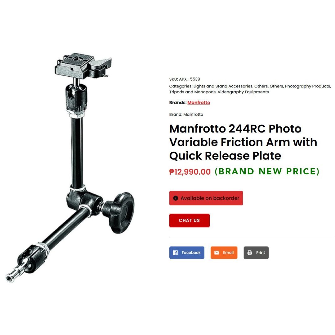 Manfrotto 244RC Articulating Magic Arm + 035 Super Clamp (Category: Tripods & Monopods) located in Dasmarinas. Submitted by iamjpbm (Listing ID 1451902589, Image 2). Description: Manfrotto 244RC Friction Magic Arm + 035 Super Clamp 100% Made in Italy (Ideal for photo, video, vlogging, streaming, podcasts, production, etc.) Minor issue: - visible signs of usage - cracked rubber pad on clamp but doesn't affect its function I have more stocks. I can