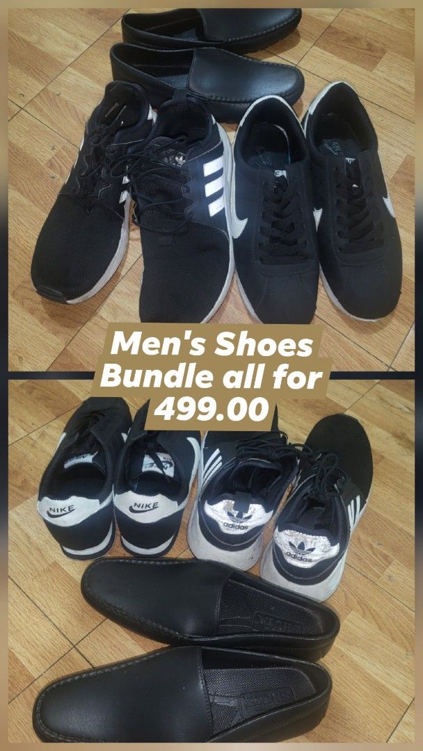 Men's Shoes Bundle - Nike, Adidas, Loafers (Category: Casual Shoes) located in Mandaluyong City. Submitted by theosystem (Listing ID 1451943680, Image 1). Description: - Bundle of 3 pair men's shoes - Includes Nike sneakers - Includes Adidas sneakers - Includes black Shuta loafers - Great value for all five pairs - Suitable for casual wear or work - Sold as a set.