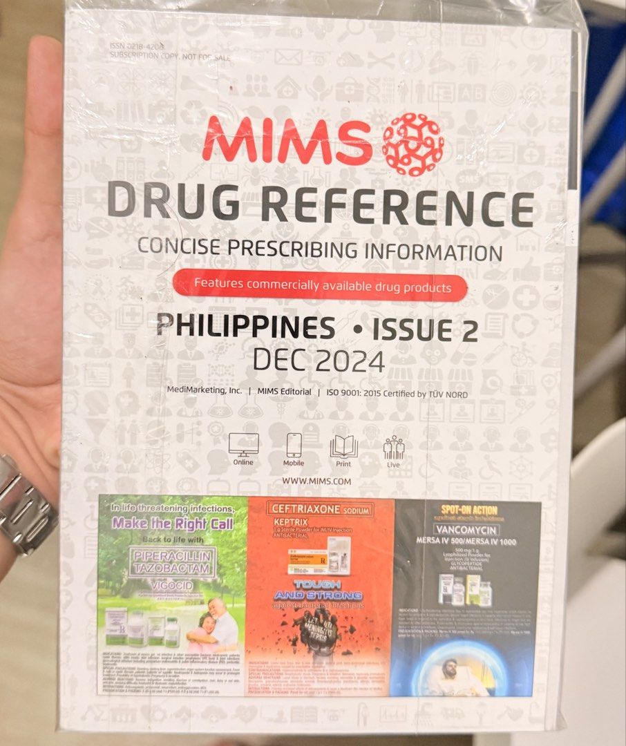 MIMS Drug Reference Philippines Issue 2 Dec 2024 (Category: Textbooks) located in Taguig. Submitted by nico_robinn (Listing ID 1452074589, Image 1). Description: - MIMS Drug Reference for the Philippines - Issue 2, December 2024 - Contains concise prescribing information for commercial drug products - Brand new and still sealed in plastic.