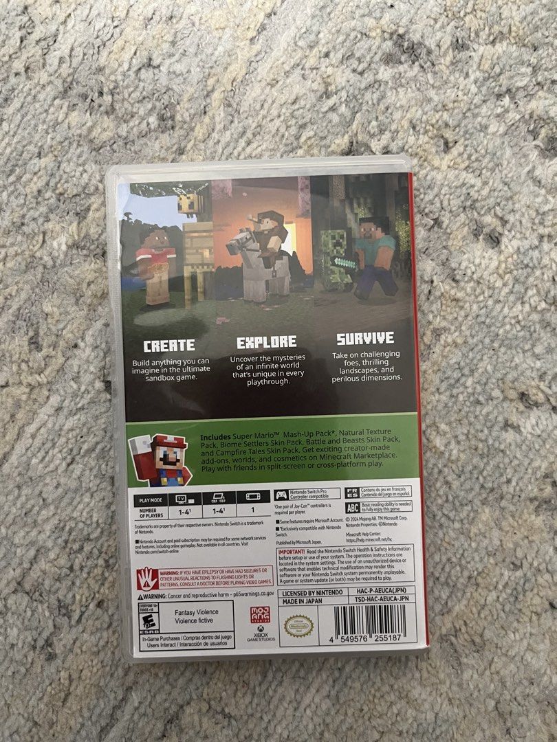 Minecraft Nintendo Switch Game (Category: Nintendo) located in Kuala Lumpur. Submitted by asdas1717 (Listing ID 1451958921, Image 3). Description: Minecraft game for Nintendo Switch. Build anything you can imagine in this ultimate sandbox game. Explore a unique world and survive challenging foes. Play with friends on split-screen or cross-platform play. Includes Super Mario Mash-Up Pack, Natural Texture Pack, Battle and Beasts Skin Pack, and Camp