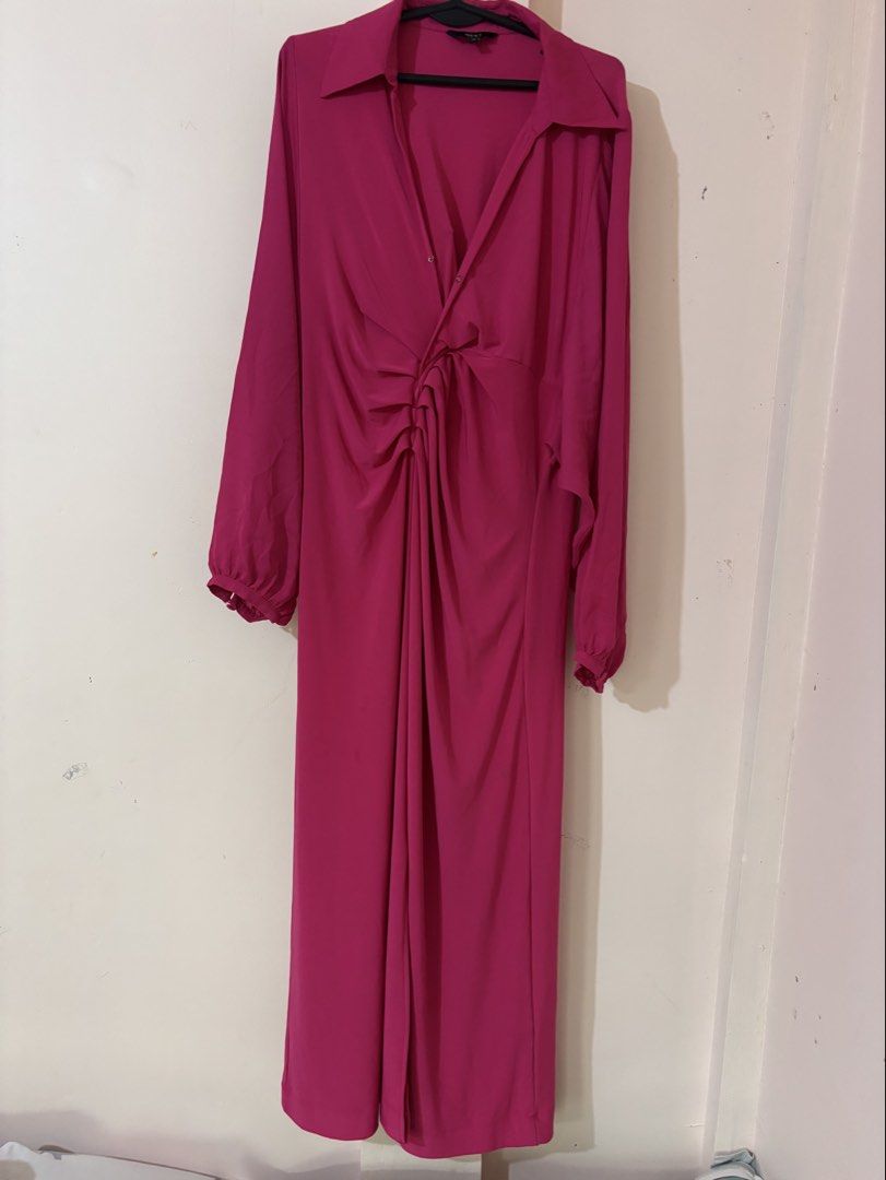 Next Cerise Ruffled & Ruched Maxi Dress (Category: Dresses) located in Manila. Submitted by mandm.finds (Listing ID 1451905601, Image 1). Description: It features a prominent fuchsia pink hue, long sleeves with elasticated cuffs, a pointed shirt collar, and a plunging V-neckline that leads down to distinct center-front gathering and ruching details..