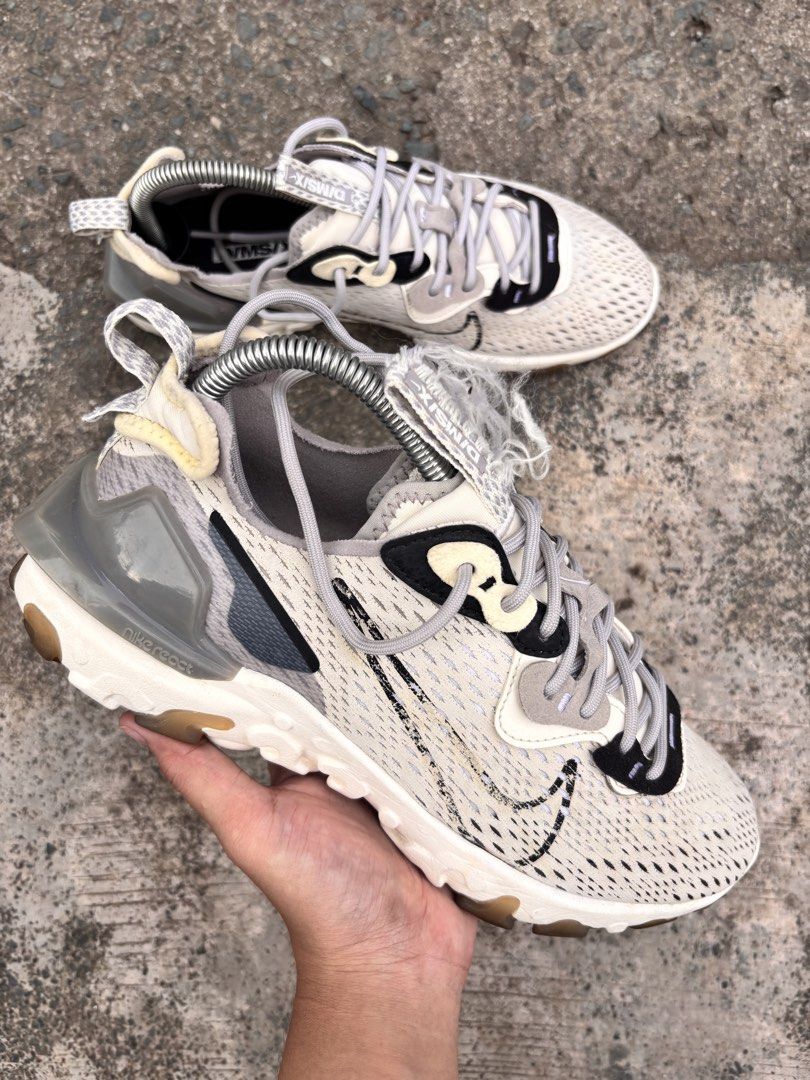 Nike React Vision "Dimension Six" CD4373-005 (Category: Sneakers) located in Manila. Submitted by kuyamosafe (Listing ID 1451922671, Image 3). Description: - Nike React Vision shoes - Dimension Six colorway - Size: US 7 (UK 6, EUR 40, CM 25) - Color: Light grey and off-white knit upper with black accents - Features: Unique layered design, React foam sole - Ideal for: Everyday wear - Condition: Please check photos for details.