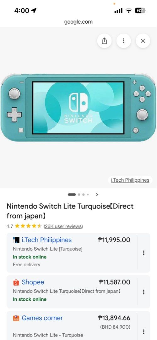 NINTENDO SWITCH LITE FOR SALE (Category: Nintendo) located in Manila. Submitted by samchuadc591040 (Listing ID 1451983851, Image 2). Description: RFS: Barely used Item is good as new. No scratches, no dents. Comes with free bag and extra tempered glass..