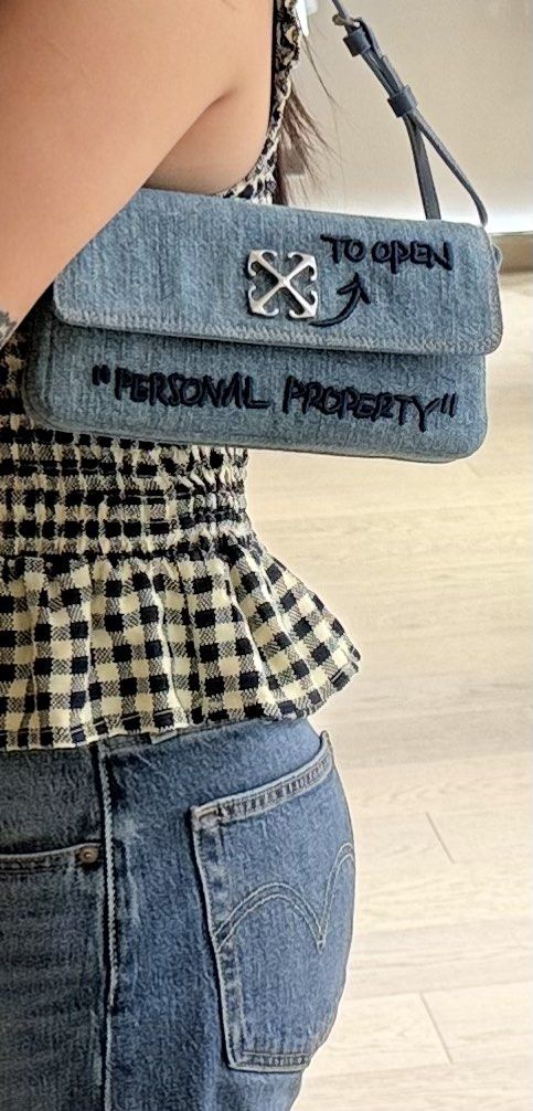 Off-White Denim Shoulder Bag "Personal Property" (Category: Shoulder Bags) located in Antipolo. Submitted by articlesbyeve (Listing ID 1452035266, Image 3). Description: BRANDNEW This item is mostly sold out already. - Cute Off-White denim shoulder bag - Features iconic Off-White logo and 'Personal Property' text - 'To Open' arrow detail on strap - Adjustable strap for comfortable wear - Ideal for everyday use and carrying essentials with long st