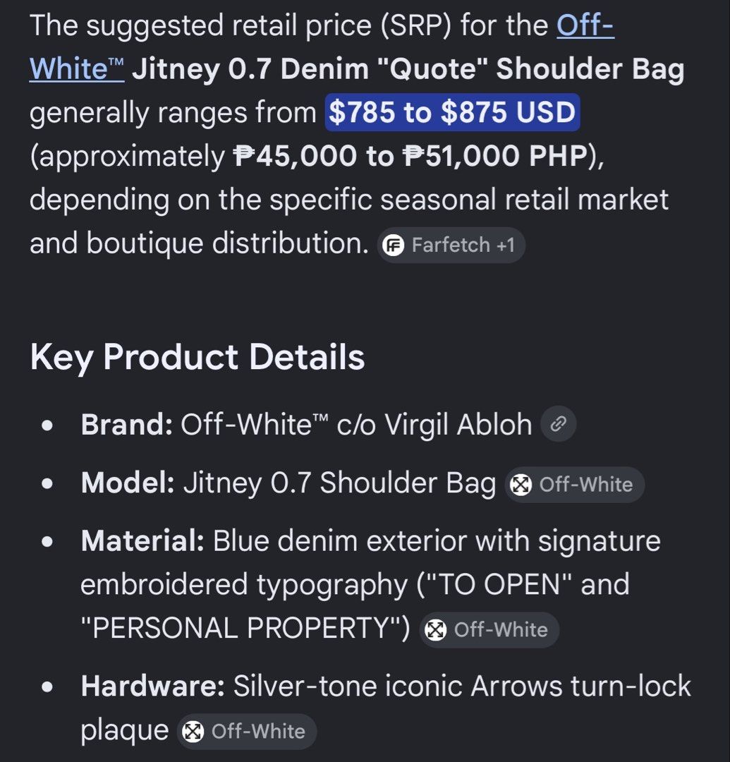 Off-White Denim Shoulder Bag "Personal Property" (Category: Shoulder Bags) located in Antipolo. Submitted by articlesbyeve (Listing ID 1452035266, Image 2). Description: BRANDNEW This item is mostly sold out already. - Cute Off-White denim shoulder bag - Features iconic Off-White logo and 'Personal Property' text - 'To Open' arrow detail on strap - Adjustable strap for comfortable wear - Ideal for everyday use and carrying essentials with long st