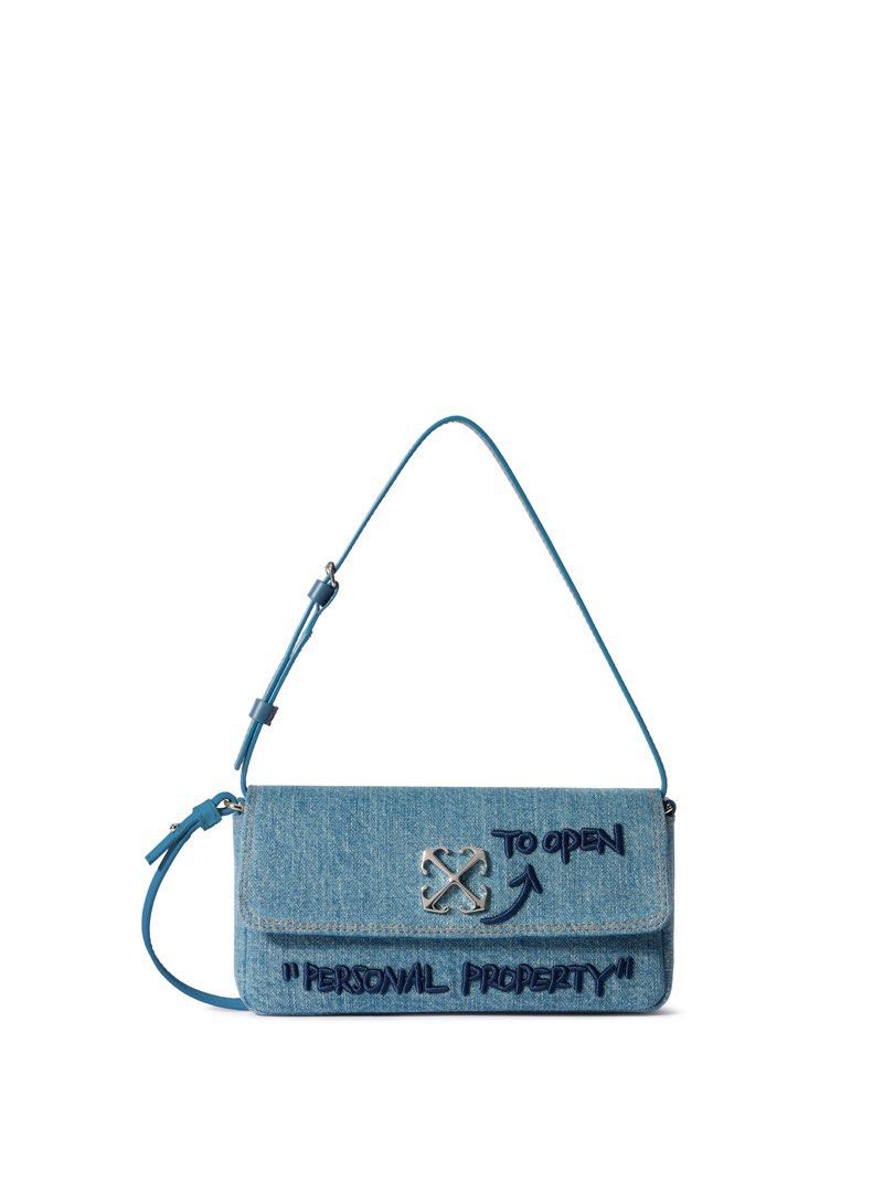 Off-White Denim Shoulder Bag "Personal Property" (Category: Shoulder Bags) located in Antipolo. Submitted by articlesbyeve (Listing ID 1452035266, Image 1). Description: BRANDNEW This item is mostly sold out already. - Cute Off-White denim shoulder bag - Features iconic Off-White logo and 'Personal Property' text - 'To Open' arrow detail on strap - Adjustable strap for comfortable wear - Ideal for everyday use and carrying essentials with long st