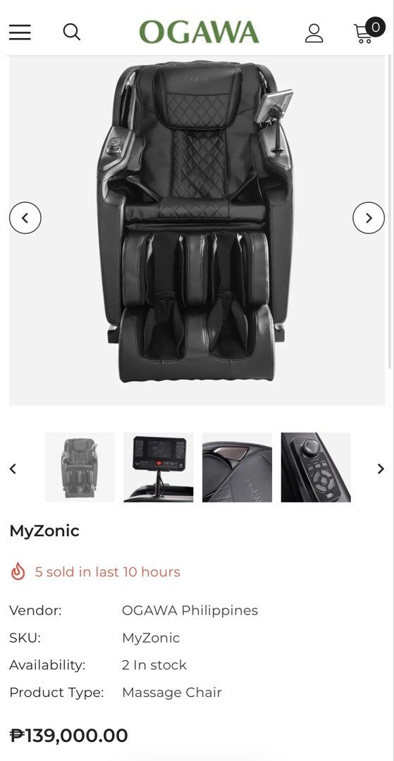 OGAWA MyZonic Massage Chair (Category: Massage Devices) located in Quezon City. Submitted by schernx (Listing ID 1452061822, Image 2). Description: - OGAWA MyZonic Massage Chair - Color: Black Leather - Features: Built-in Foot Massager, Phone Holder - Includes: OGAWA Floor Mat - Benefit: Ideal for ultimate relaxation Bought for ₱139,000 Selling for ₱60,000 (Negotiable) 10 months old Fully functional Location: Karuhatan, Valenzuela.