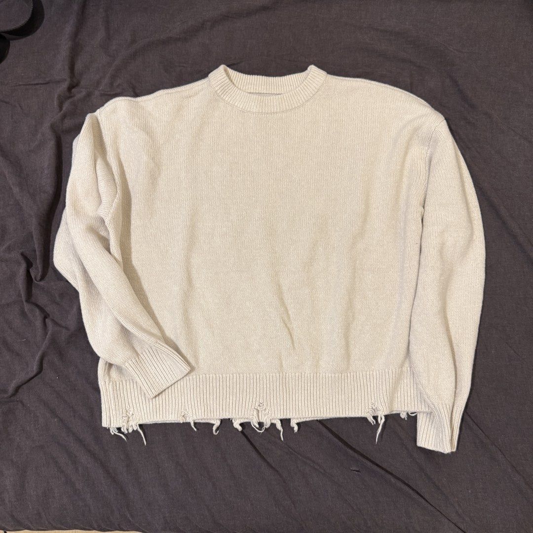 Pacsun Distressed Knit Sweater Size S (Category: Coats, Jackets and Outerwear) located in Manila. Submitted by jpumpa (Listing ID 1452047942, Image 1). Description: - Cream colored knit sweater from Pacsun - Crew neck style - Distressed hem with fringe details - Ideal for layering or wearing solo.