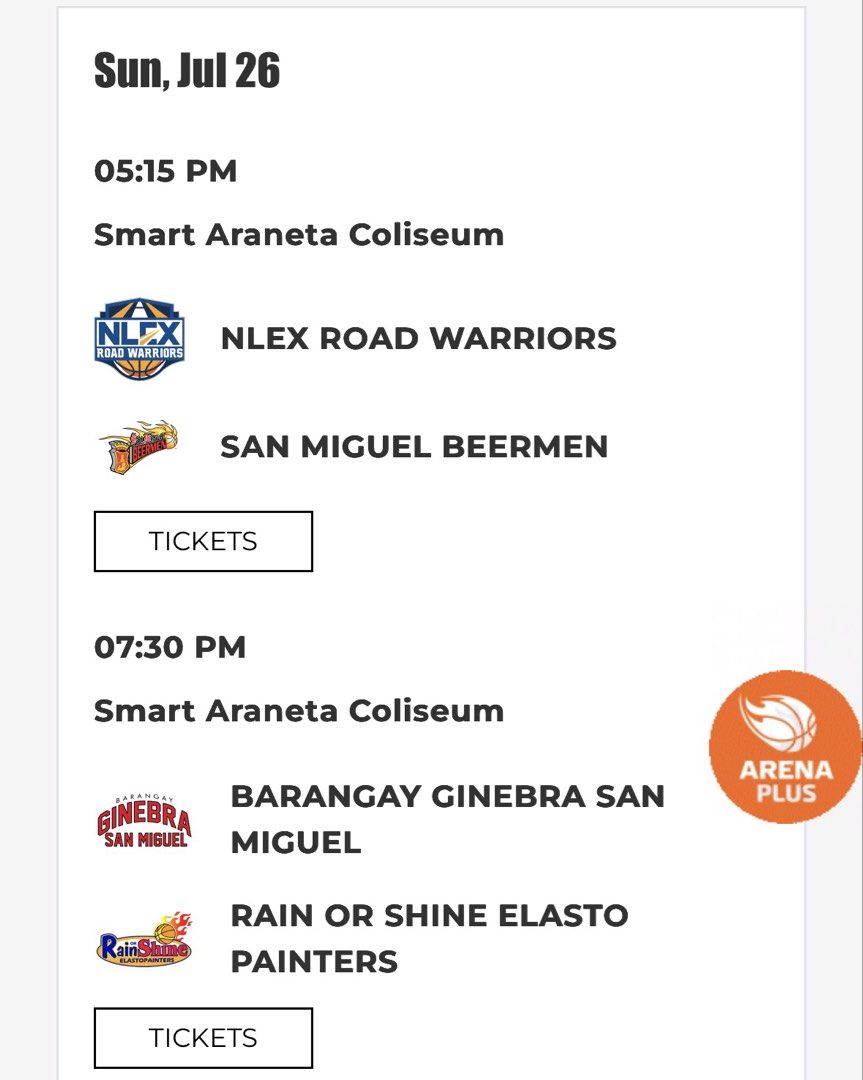 PBA TICKETS (Category: Events Tickets) located in Manila. Submitted by carolinare98025 (Listing ID 1451962746, Image 1). Description: FS PBA TICKETS JULY26 (SUNDAY)‼️ AVAILABLE TICKETS ⬇️ COURTSIDE 🎫 PATRON A 🎫 LEGIT AND PHYSICAL TICKETS 🎫 MEETUP KALIWAAN VENUE LALAMOVE COD PM OR ADD ME FOR MORE DETAILS🤗 Or kindly contact to this Number 0975-412-0091.