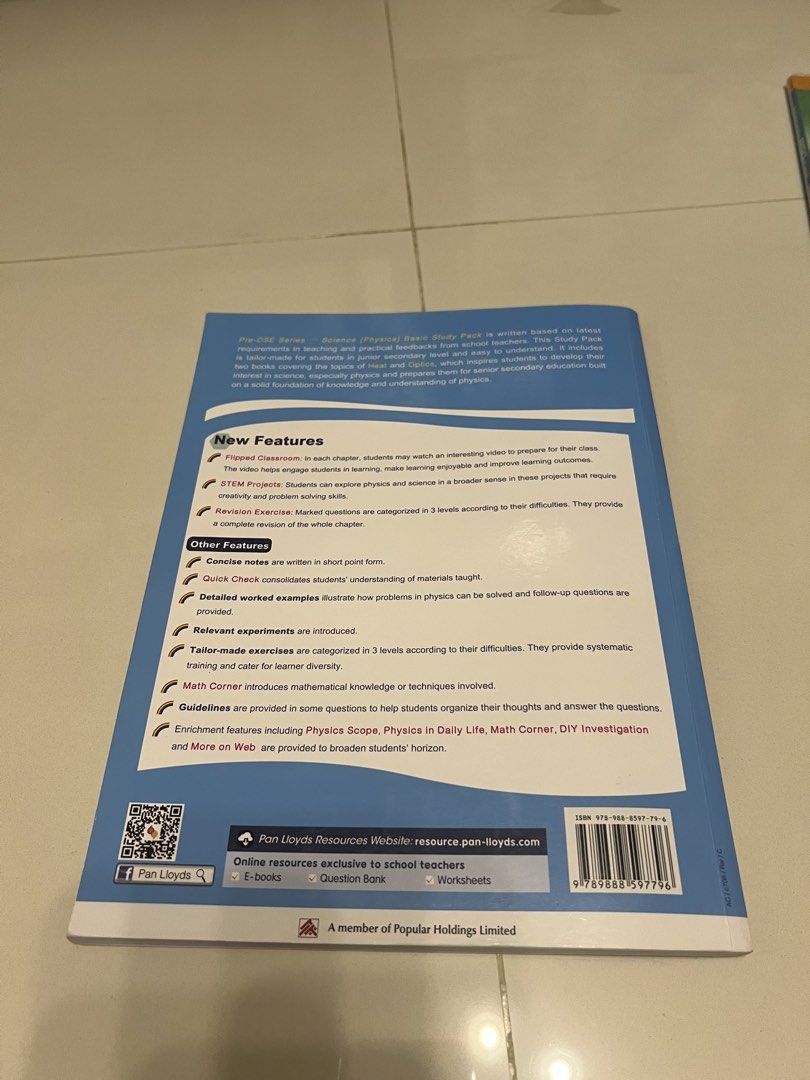 Pre-DSE series Science Physics Basic study pack （分類：教科書）位於 Hong Kong。 由 cherylcheungcc 提交（商品編號 1452007660，圖片 2）。簡介： 呢本係Pre-DSE系列嘅物理科基礎學習系列，專講光學。作者有H. L. Yeung, Andrew Diu, W. Y. Tong。書本由Pan Lloyds Publishers出版，第五版係2023年出。內容好齊全，有好多練習同埋講解。 有鉛筆筆記。