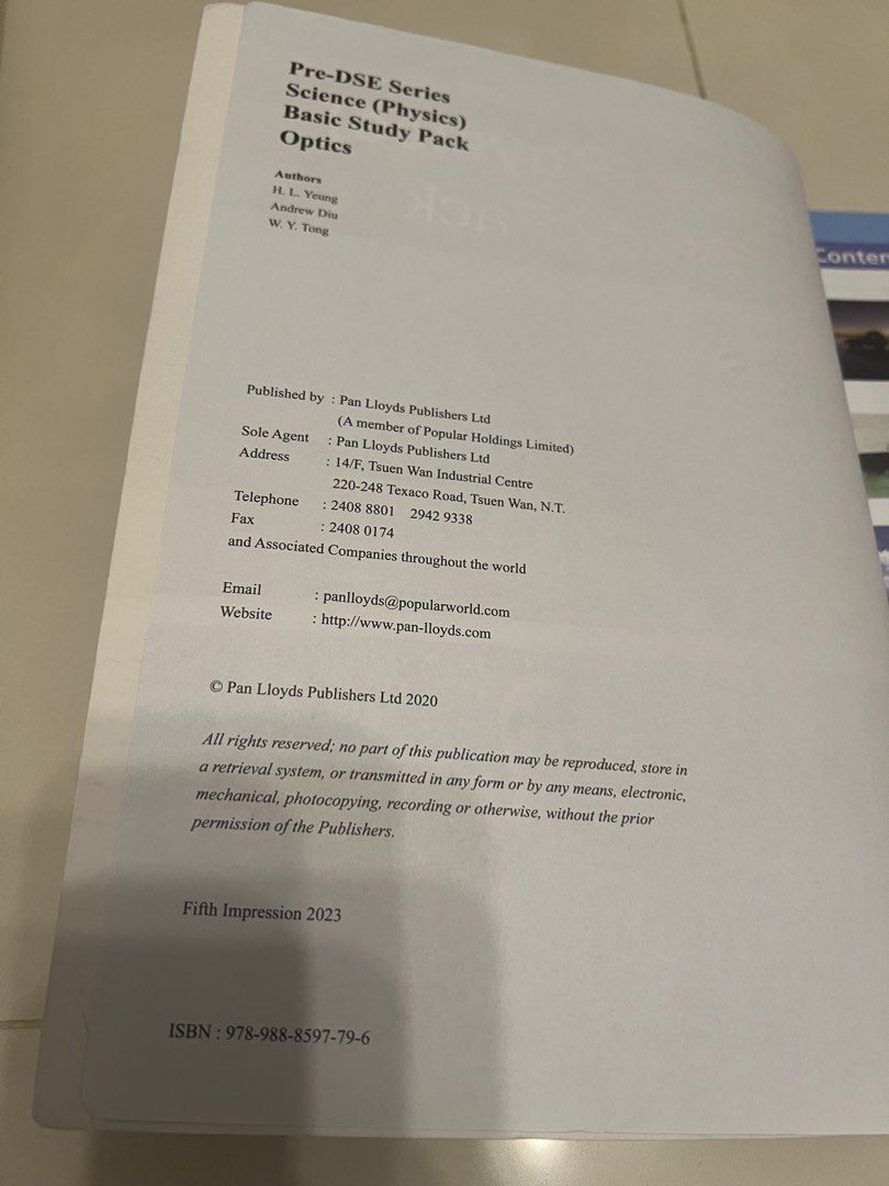 Pre-DSE series Science Physics Basic study pack （分類：教科書）位於 Hong Kong。 由 cherylcheungcc 提交（商品編號 1452007660，圖片 3）。簡介： 呢本係Pre-DSE系列嘅物理科基礎學習系列，專講光學。作者有H. L. Yeung, Andrew Diu, W. Y. Tong。書本由Pan Lloyds Publishers出版，第五版係2023年出。內容好齊全，有好多練習同埋講解。 有鉛筆筆記。