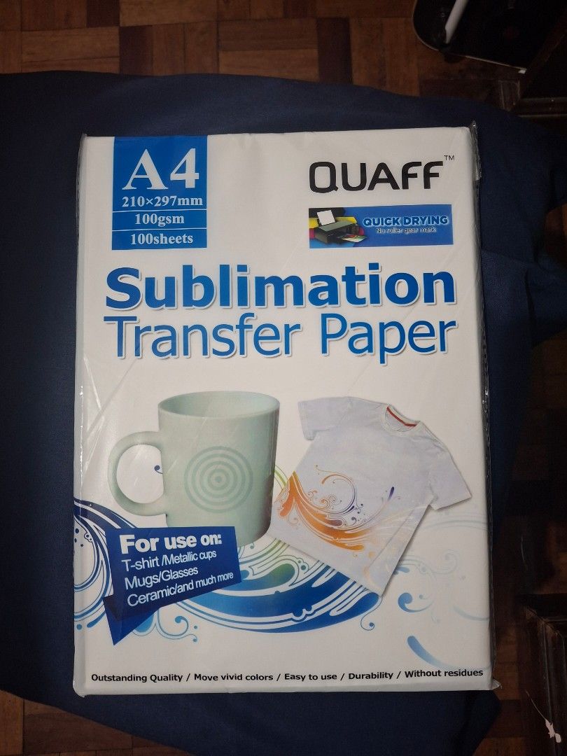 Quaff A4 Sublimation Transfer Paper (Category: Other Stationery & Craft) located in Quezon City. Submitted by corgi1231 (Listing ID 1451967713, Image 1). Description: Never used, wrong order 100 sheets 100 gsm Use on shirts, metallic cups, mugs and ceramic items Location Commonwealth, Quezon City.