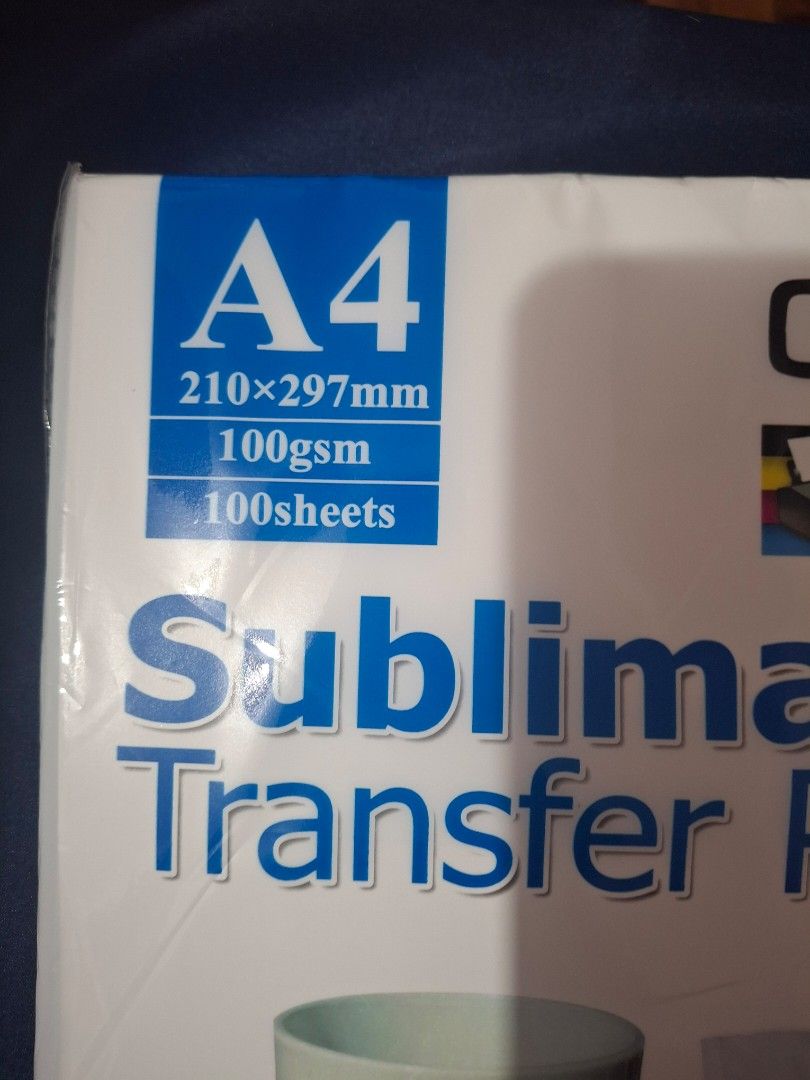 Quaff A4 Sublimation Transfer Paper (Category: Other Stationery & Craft) located in Quezon City. Submitted by corgi1231 (Listing ID 1451967713, Image 2). Description: Never used, wrong order 100 sheets 100 gsm Use on shirts, metallic cups, mugs and ceramic items Location Commonwealth, Quezon City.